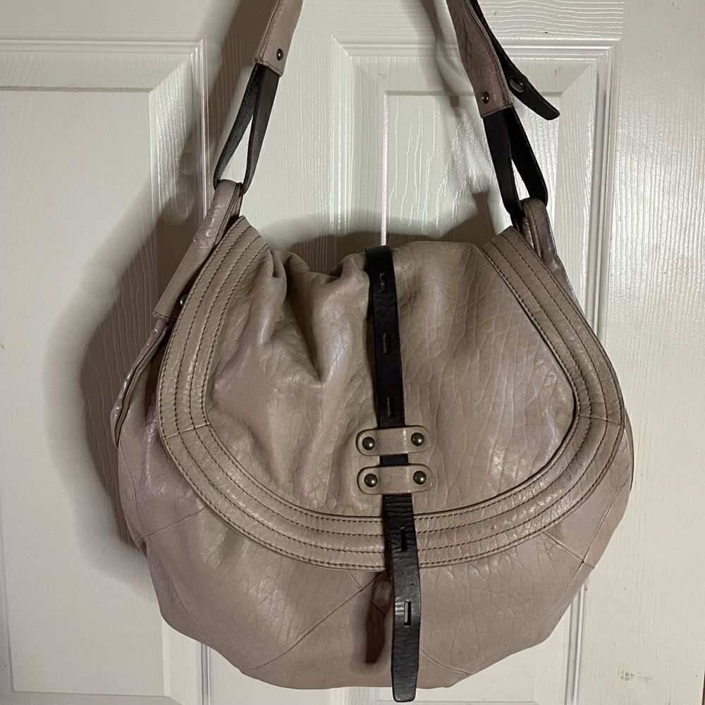 Revel New York leather taupe and brown slouch shoulder bag ,silver tone …